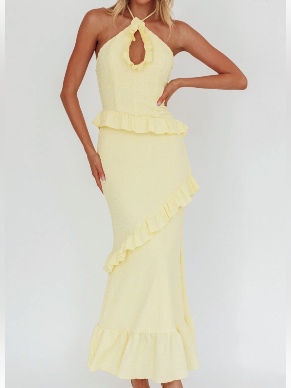 Selfie Leslie Pale Yellow Ruffle Halter Maxi Dress - Picture 3 of 6